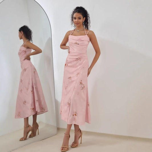 Dress woman – Midi length – A-line fit – Satin finish – Thin straps – Elegant