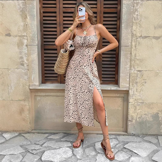 Women's Midi Dress – Slim Fit – Spaghetti Straps – Floral Print – Side Slit