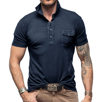 Men's Pique Shirt – Slim Fit – Short Sleeve – Breathable Cotton – Stand Collar – Chest Pocket