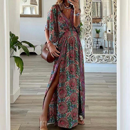 Dress woman – Bohemian pattern – V-neck – Relaxed fit – Short sleeve – Side slit