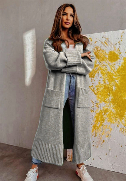 Women's Long Cardigan – Knitted Fabric – Relaxed Fit – Open Front – Side Pockets