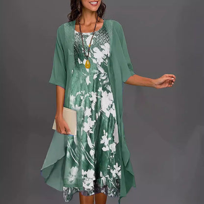 Dress for Women – Chiffon Set – Relaxed Fit – Two-Piece Design – Midi Length – Floral Layer