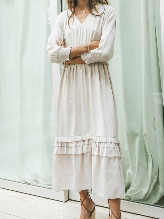 Dress woman midi – V-neck – Long sleeves – Loose fit – Cotton blend