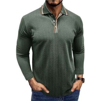 Men's Polo Shirt – Tailored Fit – Long Sleeve – Striped Collar – Knitted Texture