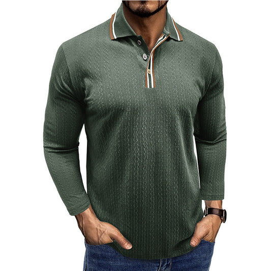 Men's Polo Shirt – Tailored Fit – Long Sleeve – Striped Collar – Knitted Texture