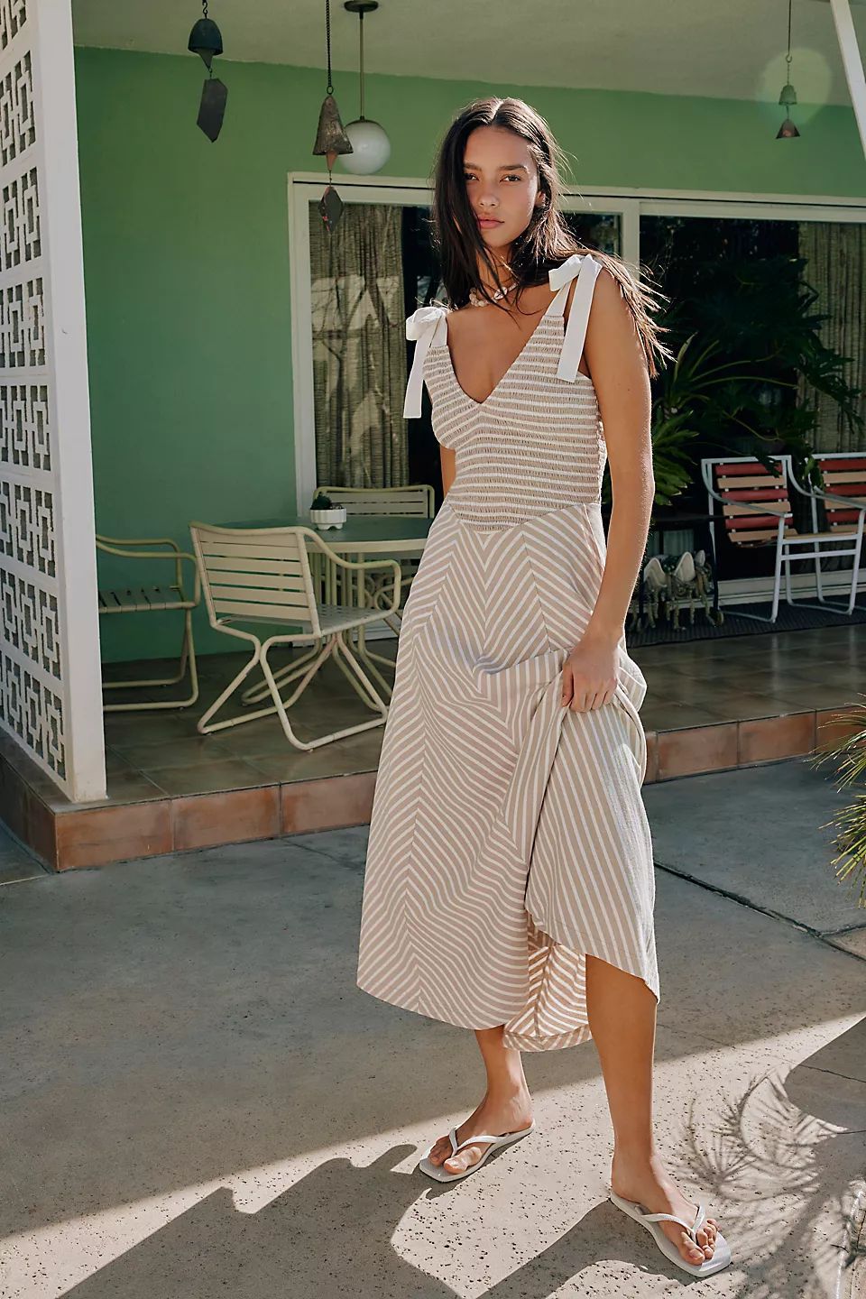 Dress for Women – Maxi with Deep V-Neckline – Adjustable Straps – Chevron Pattern