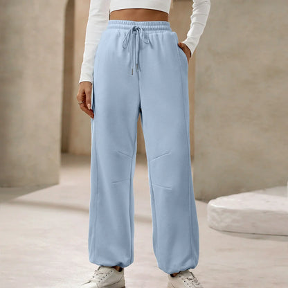 Women's Pants – Relaxed Fit – High Waist with Drawstring – Soft Cotton Feel – Full Length