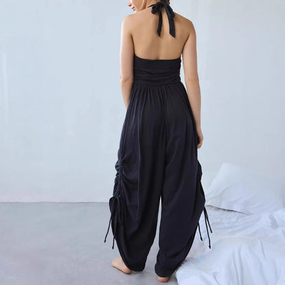 Dame jumpsuit – Halterneck – Rynket overdel – Vide ben – Justerbare benbånd