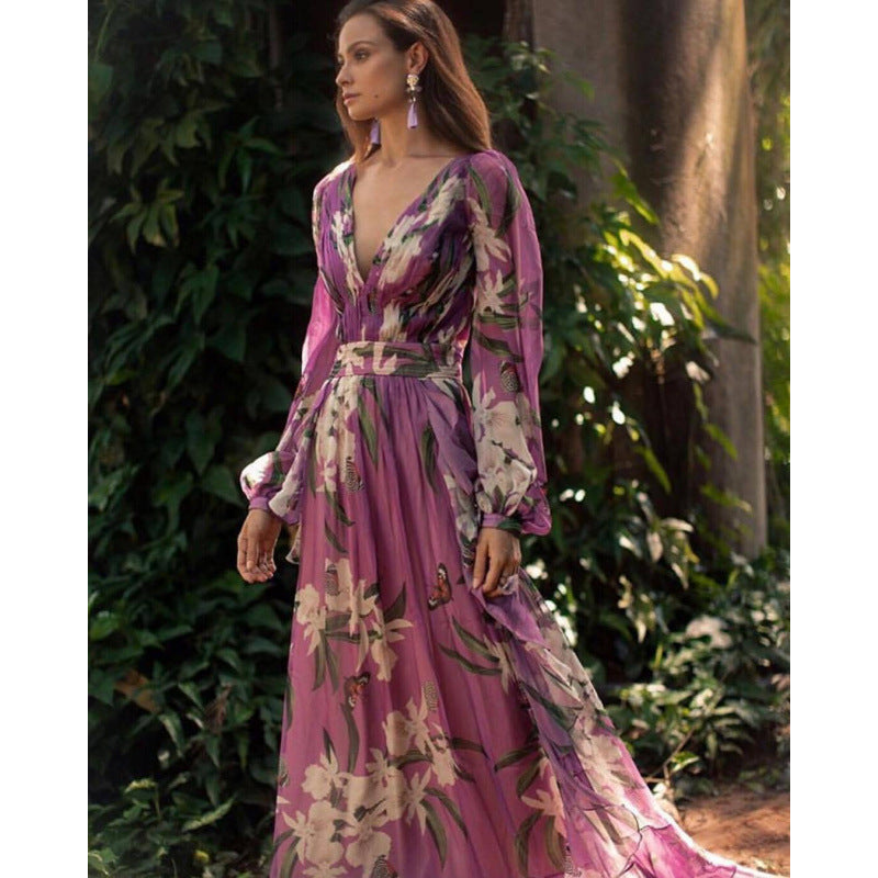 Dress woman – Chiffon – V-neck – Floral print – Long sleeves – Full length – Loose fit
