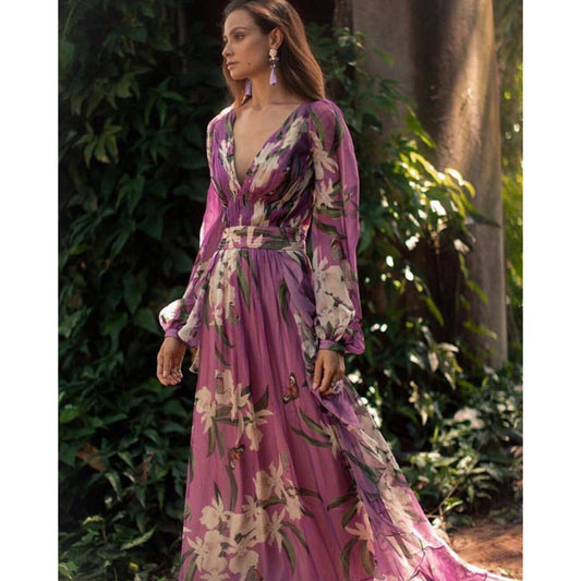 Dress woman – Chiffon – V-neck – Floral print – Long sleeves – Full length – Loose fit