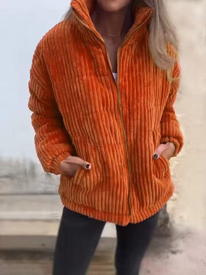 Women's Jacket – Corduroy – Relaxed Fit – Short Length – Stand Collar – Zipper