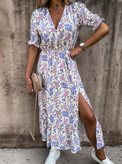 Women's Maxi Dress – High Waist – V-neck – Short Sleeves – Floral Print – Slit