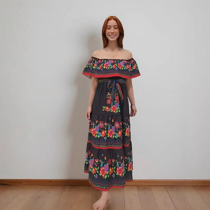 Dress for Women – Off-Shoulder Maxi – Floral Print – Ruffled Bodice – Tiered Skirt