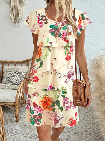 Women's midi dress – Relaxed fit – Cotton blend – Ruffles and print