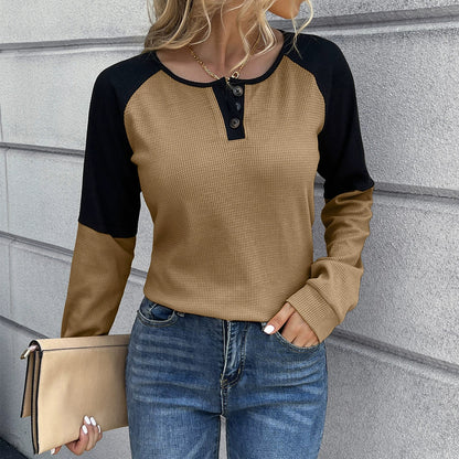 Women's Long-Sleeve T-Shirt – Waffle Knit – Buttoning – Raglan Sleeves – Relaxed Fit