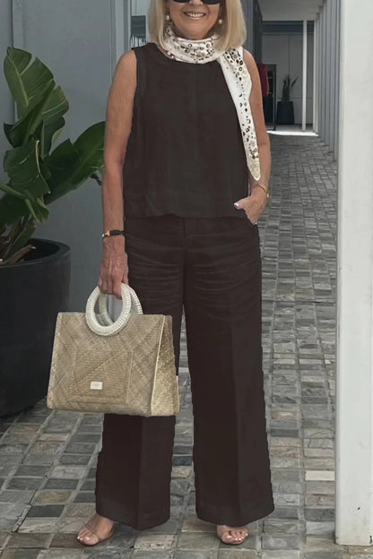 Women's Set Without Sleeves – Linen Cotton – Relaxed Fit – Wide Trousers with Pockets