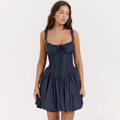 Dress for Women – Slim Fit – Lace Details – Open Back – Pleated Mini Skirt