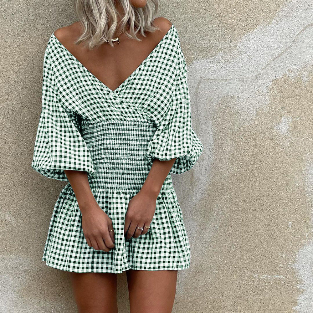 Women's Mini Dress – Cotton Blend – V-Neck – Puff Sleeves – Elastic Waist – Checkered Pattern