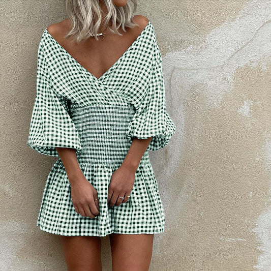 Women's Mini Dress – Cotton Blend – V-Neck – Puff Sleeves – Elastic Waist – Checkered Pattern