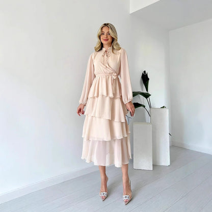 Dress woman – chiffon – midi length – A-line with ruffles – long sleeves – tie at the waist