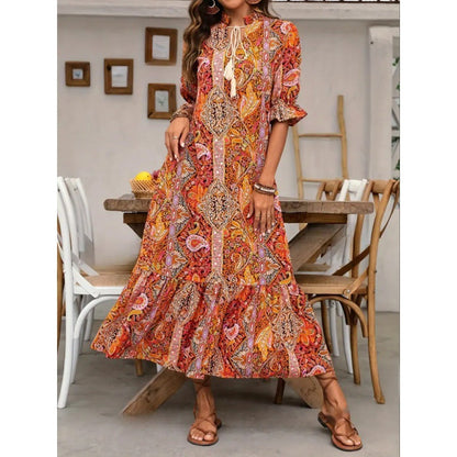 Dress for Women – Midi – Relaxed Fit – Bohemian Pattern – Ruffles – Tying