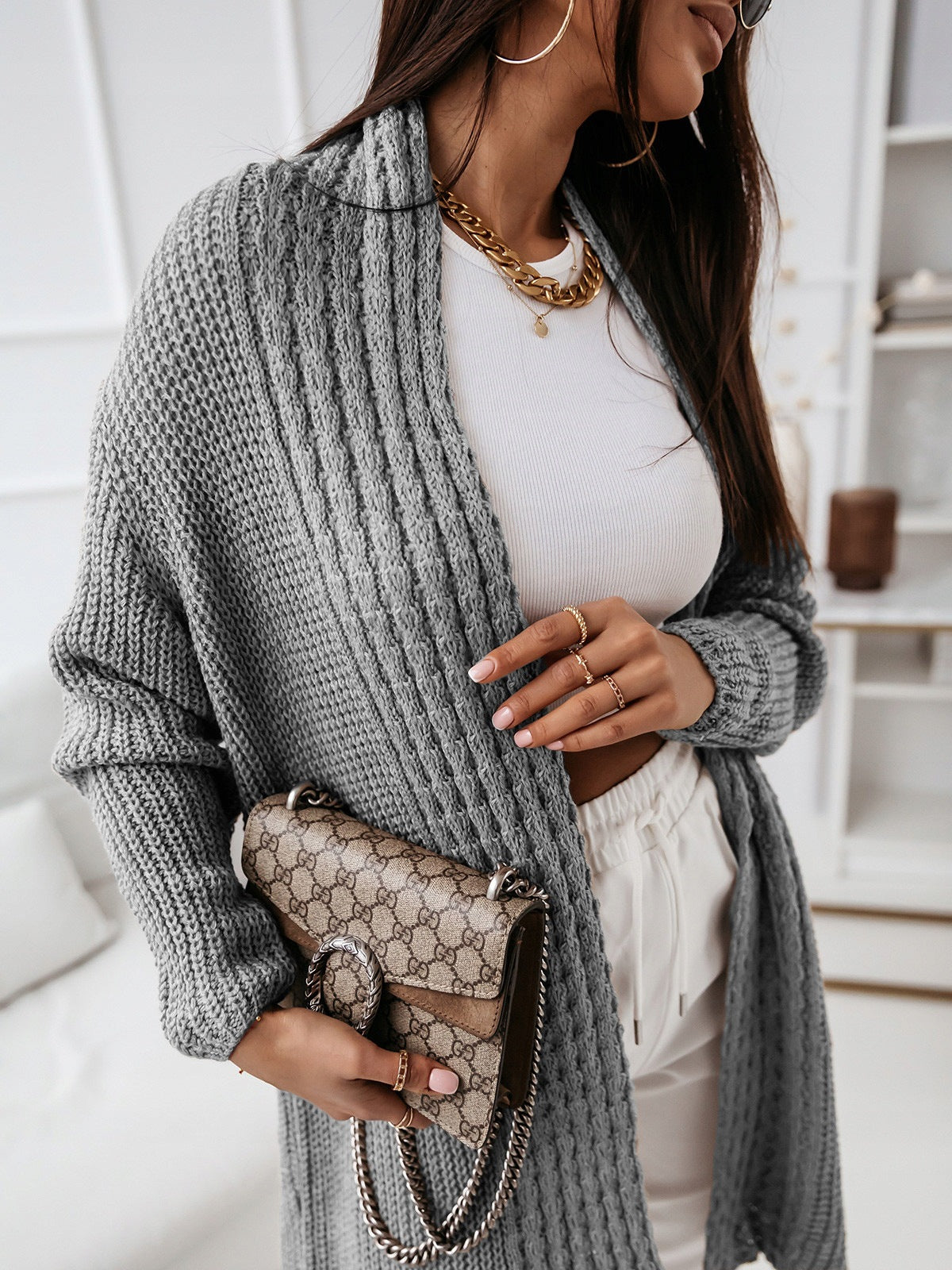 Women's Long Cardigan – Wool Knit – Relaxed Fit – Open Front – Ribbed Structure