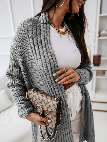 Women's Long Cardigan – Wool Knit – Relaxed Fit – Open Front – Ribbed Structure