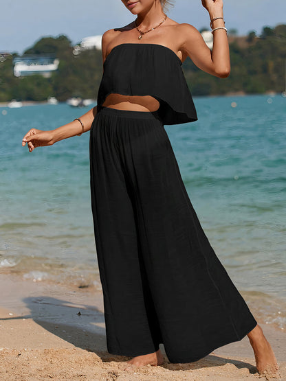 Women's two-piece set – strapless top – wide pants – lightweight breathable fabric