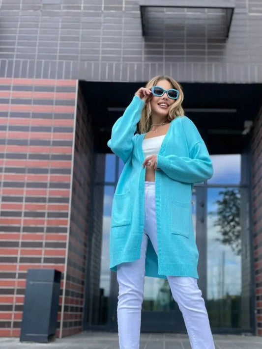 Women's Cardigan Knitted – Loose Fit – Open Front – Pockets – Long Model