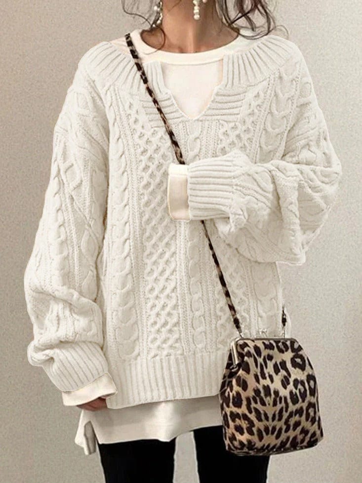 Women's Sweater – Wool Blend – Oversized Fit – Cable Knit – Deep V-neck – Long Sleeved
