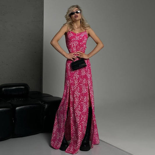 Dress for Women – Maxi Length – Slim Fit – Spaghetti Straps – Floral Print – High Slit – Defined Waist