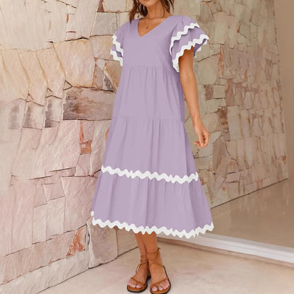 Women's midi dress – relaxed fit – v-neck – ruffle sleeves – breathable fabric