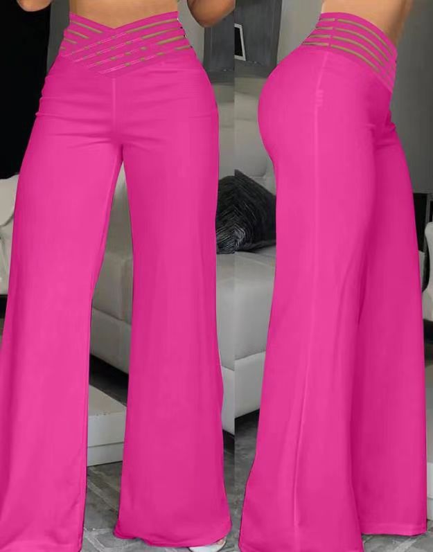 Women's Pants – High Waist – Wide Legs – Decorative Waistband – Full Length – Stretch Comfort
