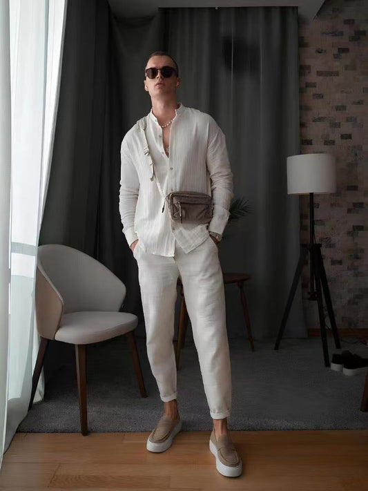 Men's Set – Linen Blend – Relaxed Fit – Button-Up Shirt and Slim Pants