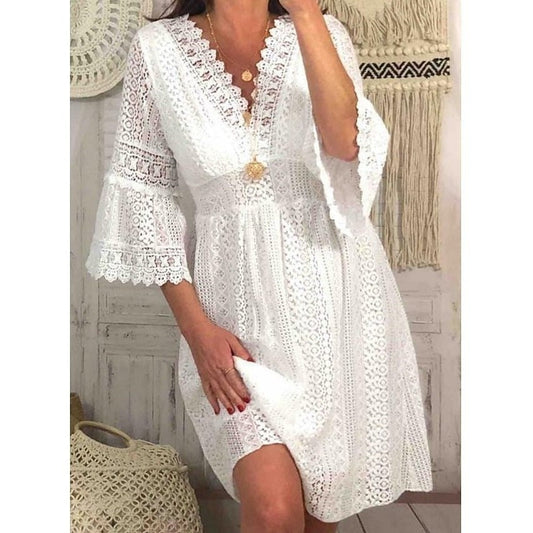 Dress for Women – Lace – V-neck – Knee-length – Trumpet Sleeves – Elegant Fit
