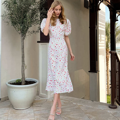 Dress woman – Slim fit – Puff sleeves – High waist – Floral midi with mermaid cut