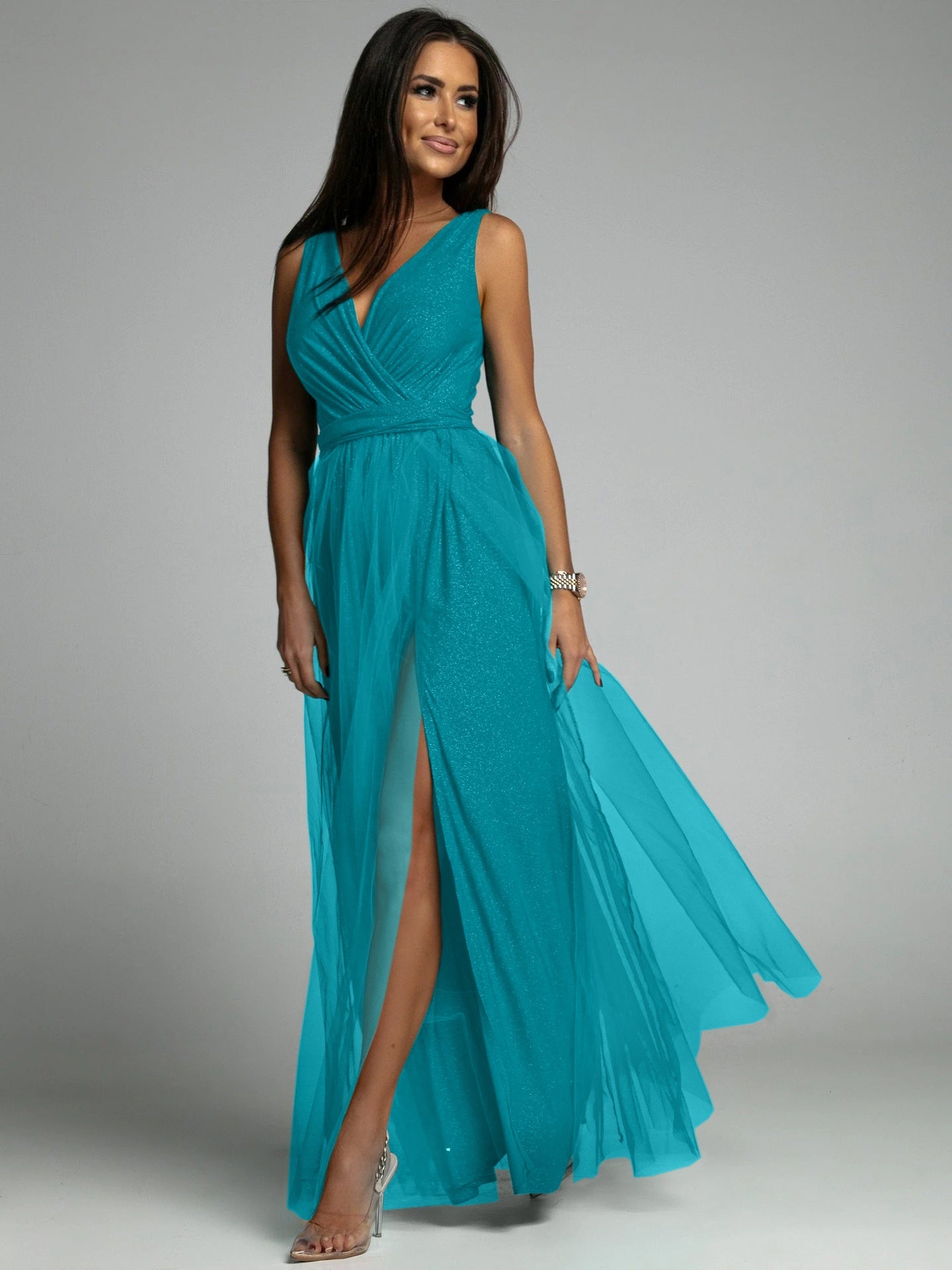 Dress for Women – Evening Dress – Slim Fit – Deep V-Neck – High Slit – Glittering Fabric
