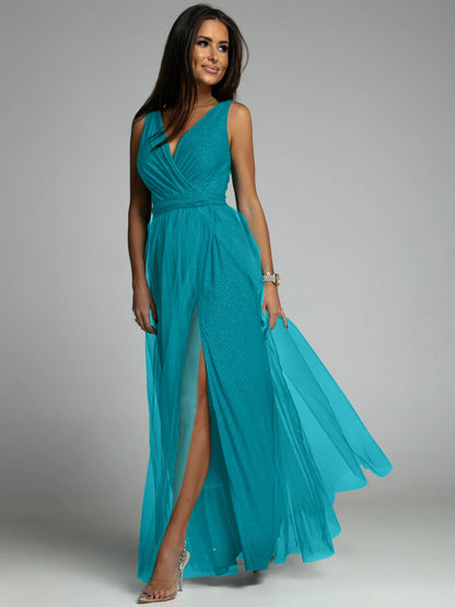 Dress for Women – Evening Dress – Slim Fit – Deep V-Neck – High Slit – Glittering Fabric