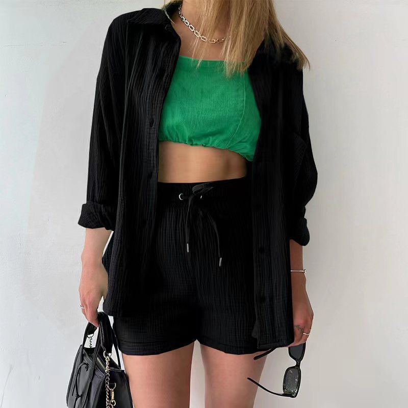 Women's Two-Piece Set – Relaxed Collared Shirt – High-Waisted Drawstring Shorts