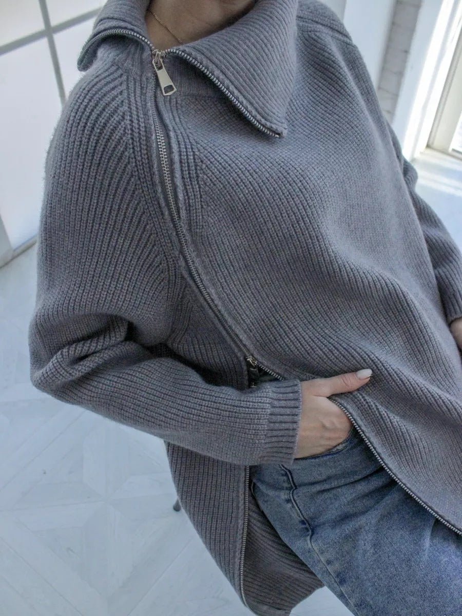 Women's Sweater – Oversized Fit – Ribbed Knit – Asymmetric Zipper – Large Collar