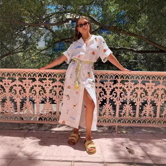 Women's Shirt Dress – Light Cotton – Relaxed Fit – Patterned – Knee-Length – Belt