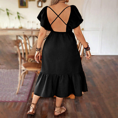 Dress for Women – V-Neckline – A-Line Fit – Ruffle Hem – Puff Sleeves
