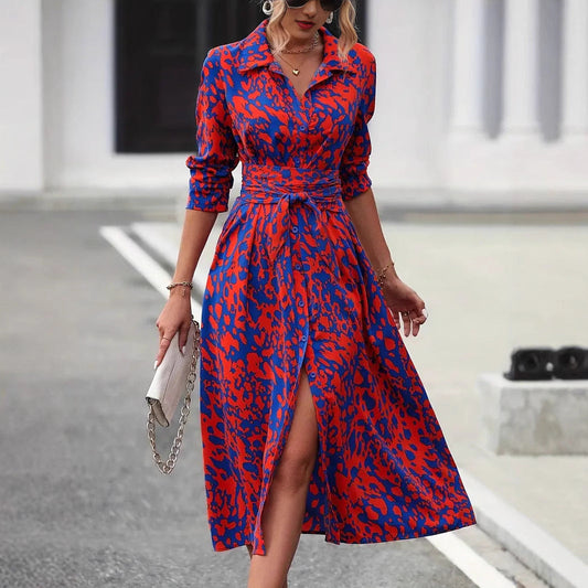 Dress for Women – A-line – Knee-length – Buttons – Long Sleeves – Breathable Fabric – Waist Belt