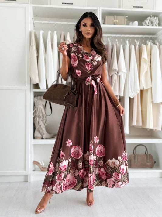 Dress woman maxi – wrap design – floral print – voluminous sleeves – belt at the waist – cotton