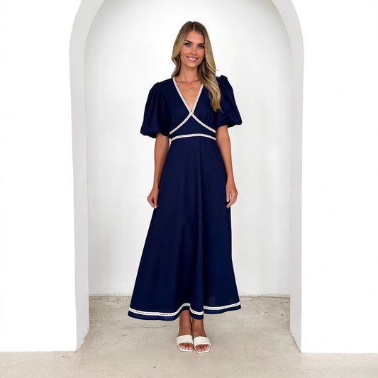 Dress woman – V-neck – Puff sleeves – Lace edge – Fitted waist – Ankle-length skirt