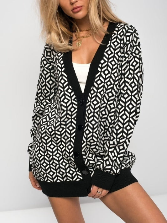 Women's Cardigan Knitted – Oversized Fit – Wool Blend – V-neck – Geometric Pattern