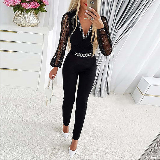 Women's jumpsuit – Slim fit – V-neckline with diamond details – Cut sleeves – Chain belt