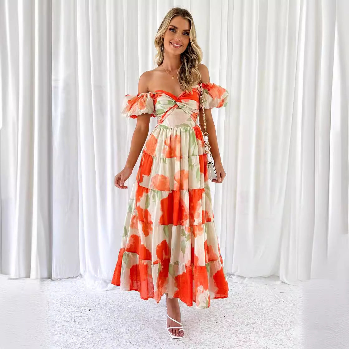 Dress woman – Maxi – Flared fit – Puff sleeves – Cut-out waist – Patterned tiered skirt