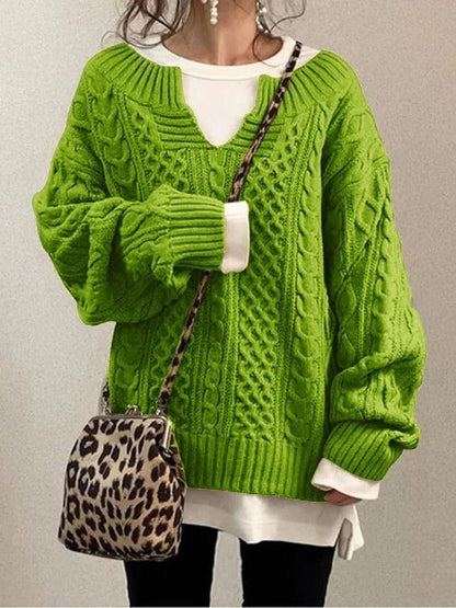 Women's Sweater – Wool Blend – Oversized Fit – Cable Knit – Deep V-neck – Long Sleeved