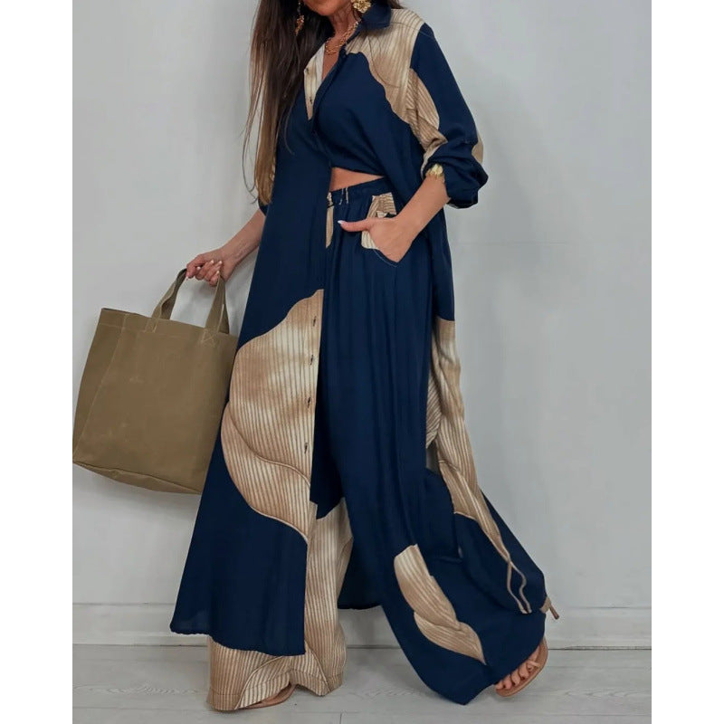 Women's Two-Piece Set – Long Shirt with Relaxed Fit – Wide Airy Trousers